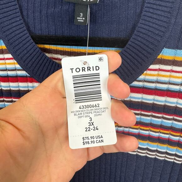 Torrid Plus Size Navy Striped Long Sleeve Crew Column Sweater Dress Size 3X - Picture 5 of 8